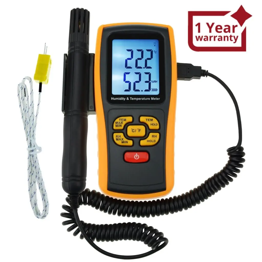 The-39 Lcd Digital Humidity And Temperature Meter Gauge 2 In 1 Measure Thermometer With Type K Thermocouple Sensor Probe, 10~98%Rh, -10~50°C (14~122°F), -30~1000°C (-22~1832°F) K-Type 1
