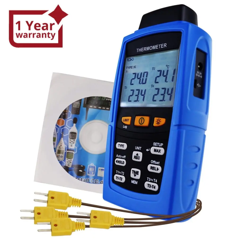 Tm-747D Digital 4-Channel K /J/ T / E/ R / S/ N Type Thermocouple Thermometer Datalogger 16,800 Data Logging T1/T2, T3/T4 Input Terminal Data Logger 1