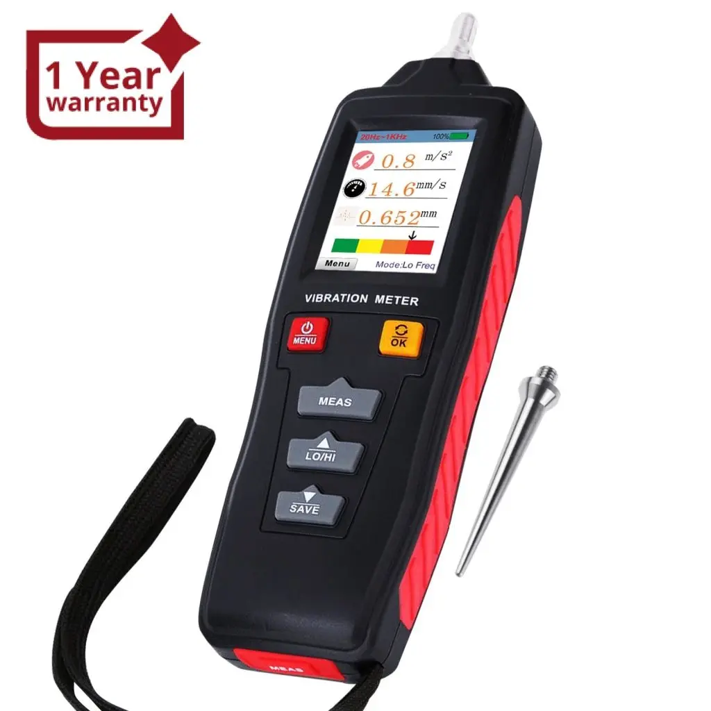 Vbt-281 Digital Vibration Meter Piezoelectric Vibrometer Gauge Colored Flip Display Acceleration Velocity And Displacement Measurement With Short / Long Probe Portable Symmetrical Shape 1