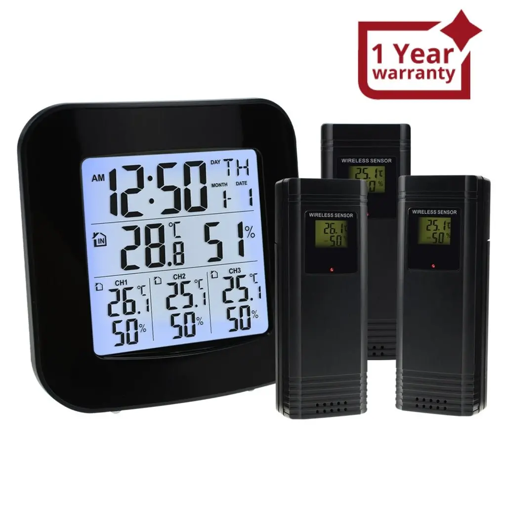 Wea-46 Digital Weather Station With Thermometer And Hygrometer 3 Indoor/ Outdoor Wireless Sensors, Alarm Clock For Temperature And Humidity Measurement 1