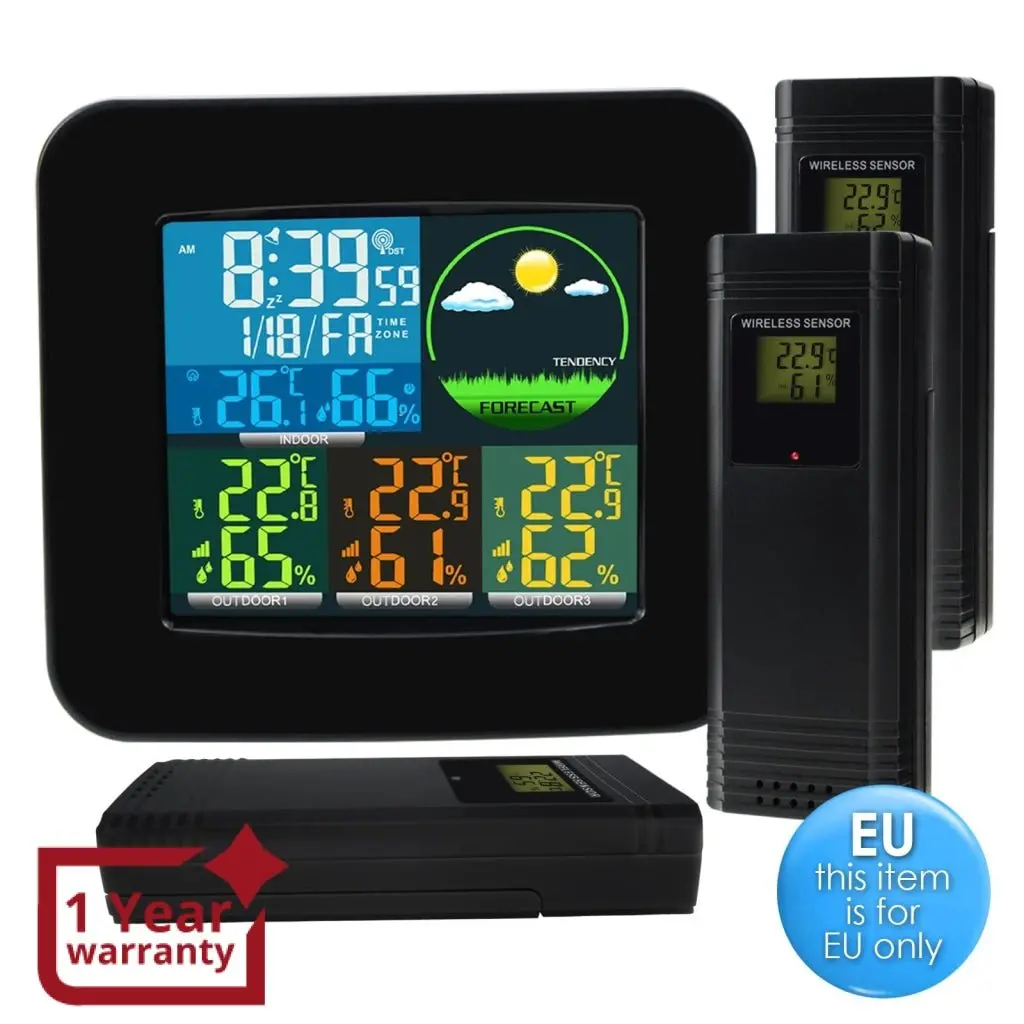 Wea-47_Eu Digital Weather Station Rcc Dcf With 3 Indoor/ Outdoor Wireless Sensors, With 6 Kinds Of Weather Forecast, Thermometer And Hygrometer, With Alarm Clock For Temperature And Humidity Measurement, Low Battery For Colored Led On Lcd Display 1