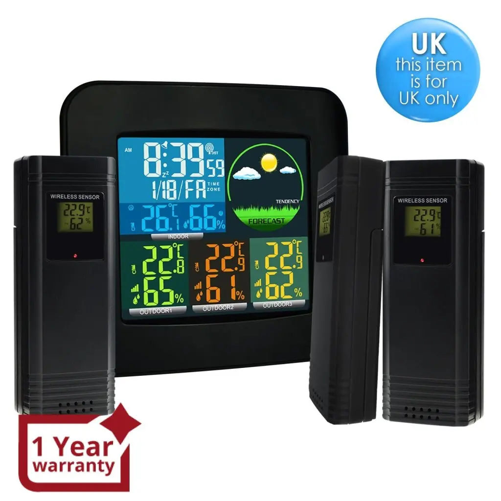 Wea-47_Uk Digital Weather Station Rcc Msf With 3 Indoor/ Outdoor Wireless Sensors, With 6 Kinds Of Weather Forecast, Thermometer And Hygrometer, With Alarm Clock For Temperature And Humidity Measurement, Low Battery For Colored’ Led On Lcd Display 1