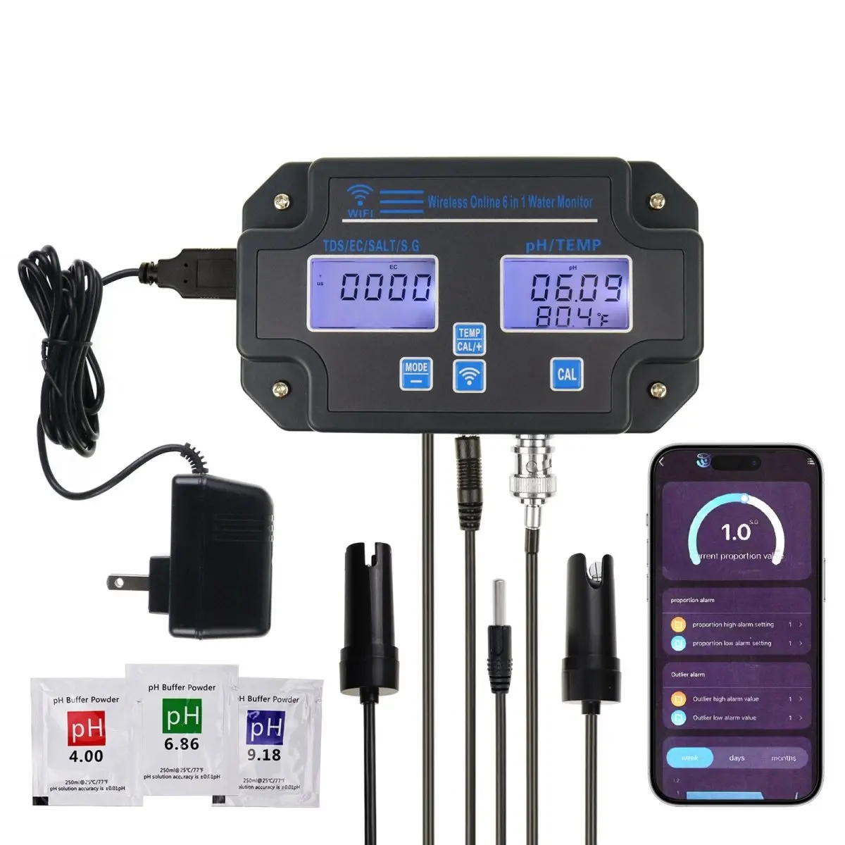 Wqm-341 Water Quality Tester Ph / Ec / Tds / Salinity / Sg / Temperature With 24Hrs Online App Monitoring For Fish Tank Aquariums Home Laboratory Smart Instrument 1