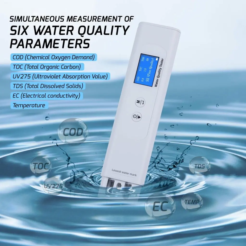 Wqm-408 6In1 Water Quality Testing Meter Toc Uv275 Ec Tds Cod Temp Tester, Intelligent Scoring Mode, Colored Backlight Indicator Digital Water Test Kit For Home Drinking Water, Tap Industrial Water Etc. 2