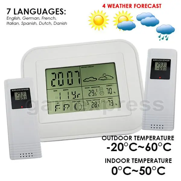 Ws-002-2S Wireless Weather Forecast Station Indoor/Outdoor Temperature Humidity Rh Rcc Dcf Thermometer 2 Sensors Moonphase Alarm 1