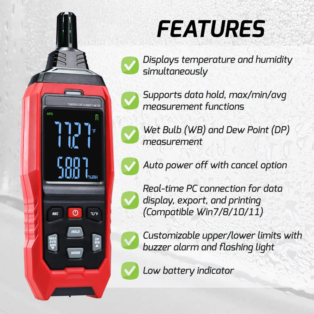 Htm-482 Multi-Function Environmental Meter Thermo-Hygrometer Datalogging Temperature, Humidity And Wet Bulb Dew Point Measurement Pc Connection Feature Record And Download 2