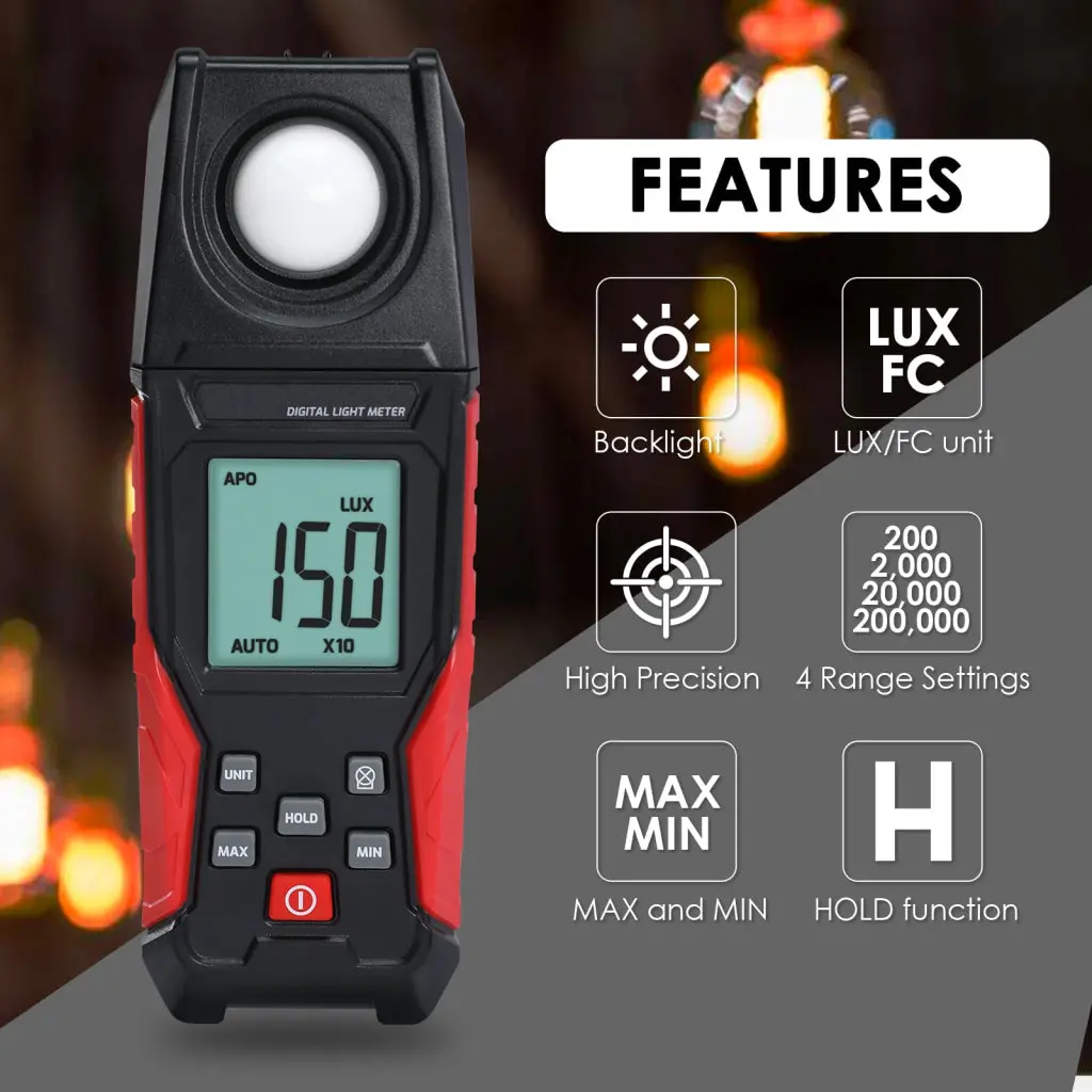 Lux-484 Lux Light Meter For Visible Brightness Measurement With 0.1~200000Lux / 0.01~20000Fc Range Ideal For Warehouses, Factories, Hospitals, And Schools 2
