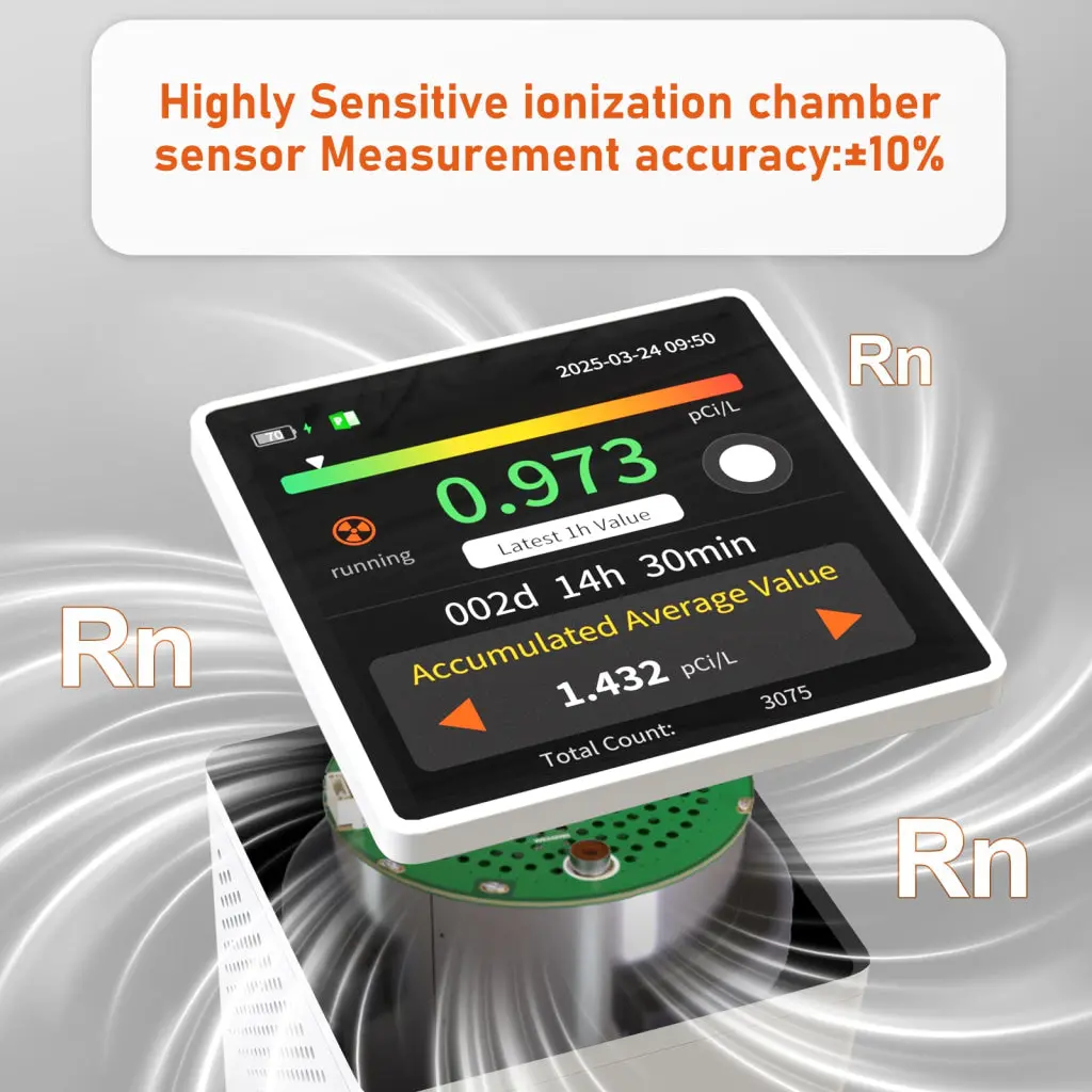 Radon Gas Detector Touchscreen Lcd Color Display With Audible & Visual Alarm Long-Term Radon Concentration Monitoring For Home Basement, Pci/L Or Bq/M³ 2