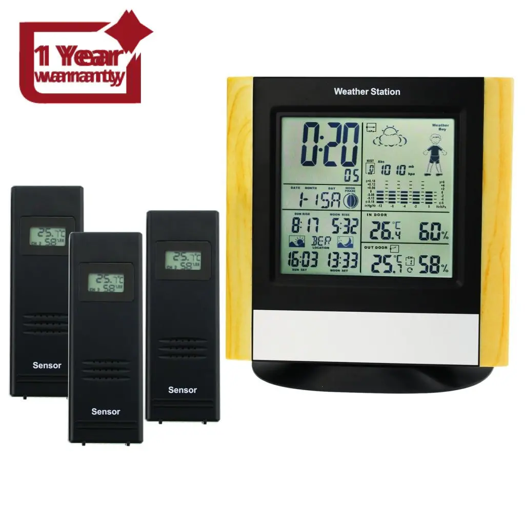 Ws-103_3S Weather Station 3 Wireless Sensors, Wwvb Radio Controlled Clock Thermometer Alarm, Indoor Outdoor Humidity Temperature Weather Forecast Barometer, Sunrise Sunset Moon Phase 1