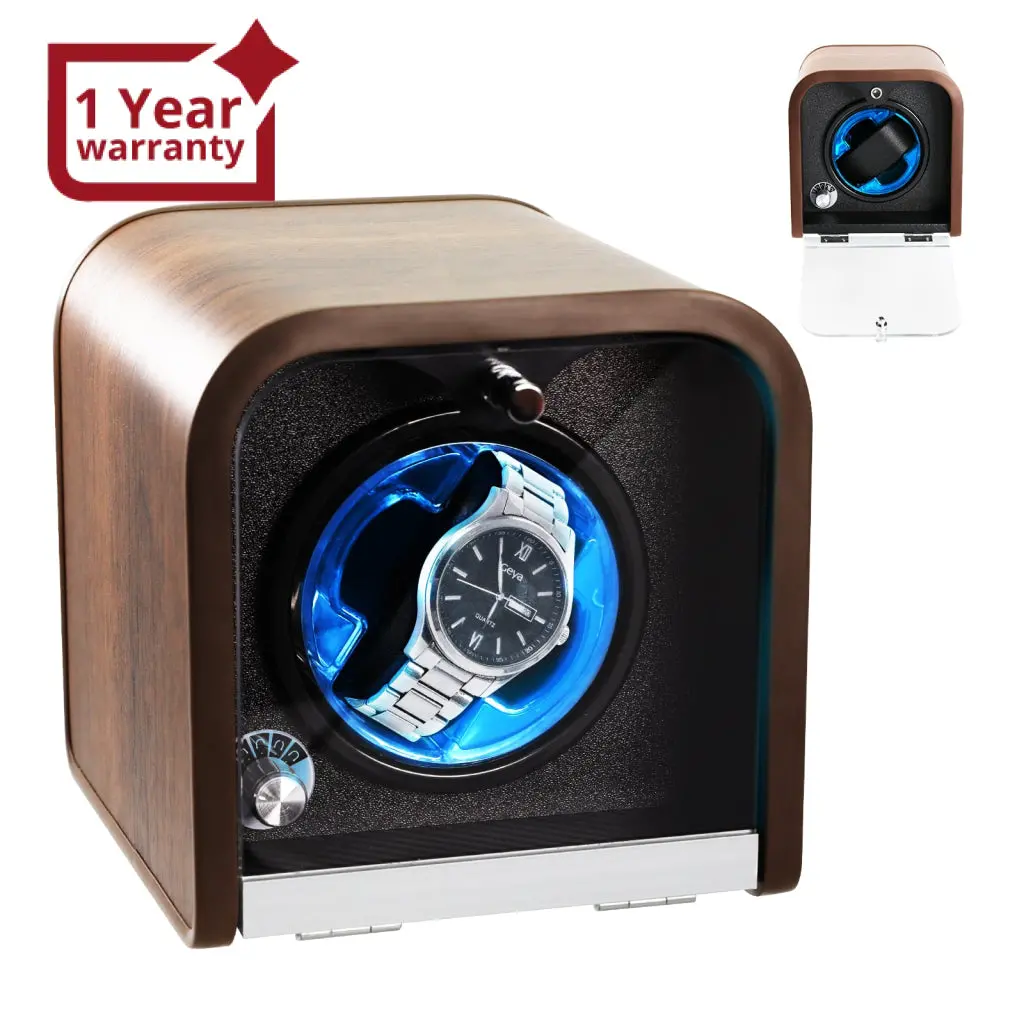 Wwr-531 Automatic Watch Winder, Single Watch Winder With 4 Rotation Modes/ Blue Led Light/ Smart Stop Technology/ Foam Pad Quiet Motor Wooden Display Case For Automatic Watches 1