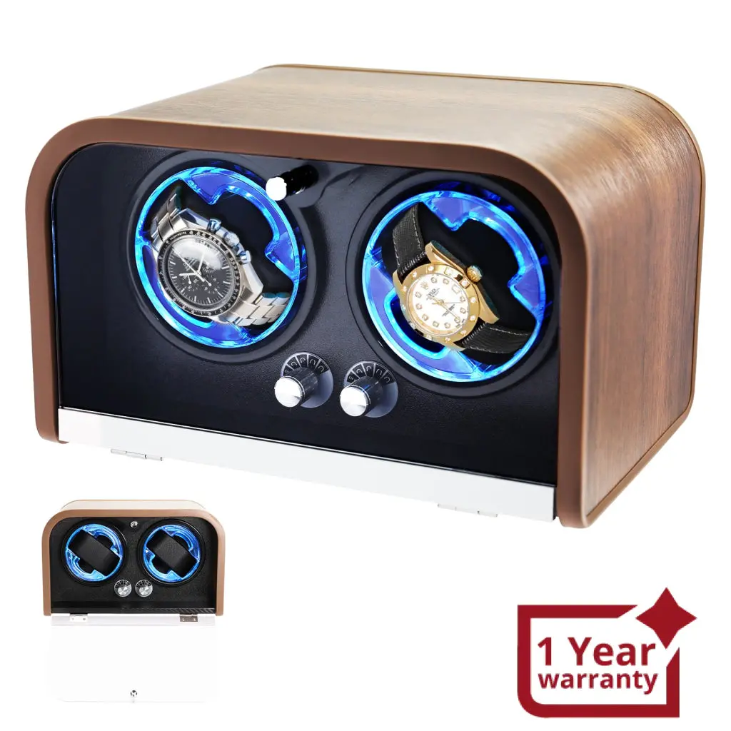 Wwr-532 Automatic Watch Winder For Two Automatic Watches – 4 Rotation Modes Smart Stop Technology, Blue Led Display, Memory Foam & Wooden Display Case For Luxury Automatic Watches 1